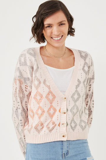 HK1344 Blush Mix Womens Ombre Diamond Cropped Button Cardigan Pose